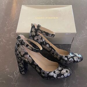 Marc Fisher Black and Silver Floral Heels